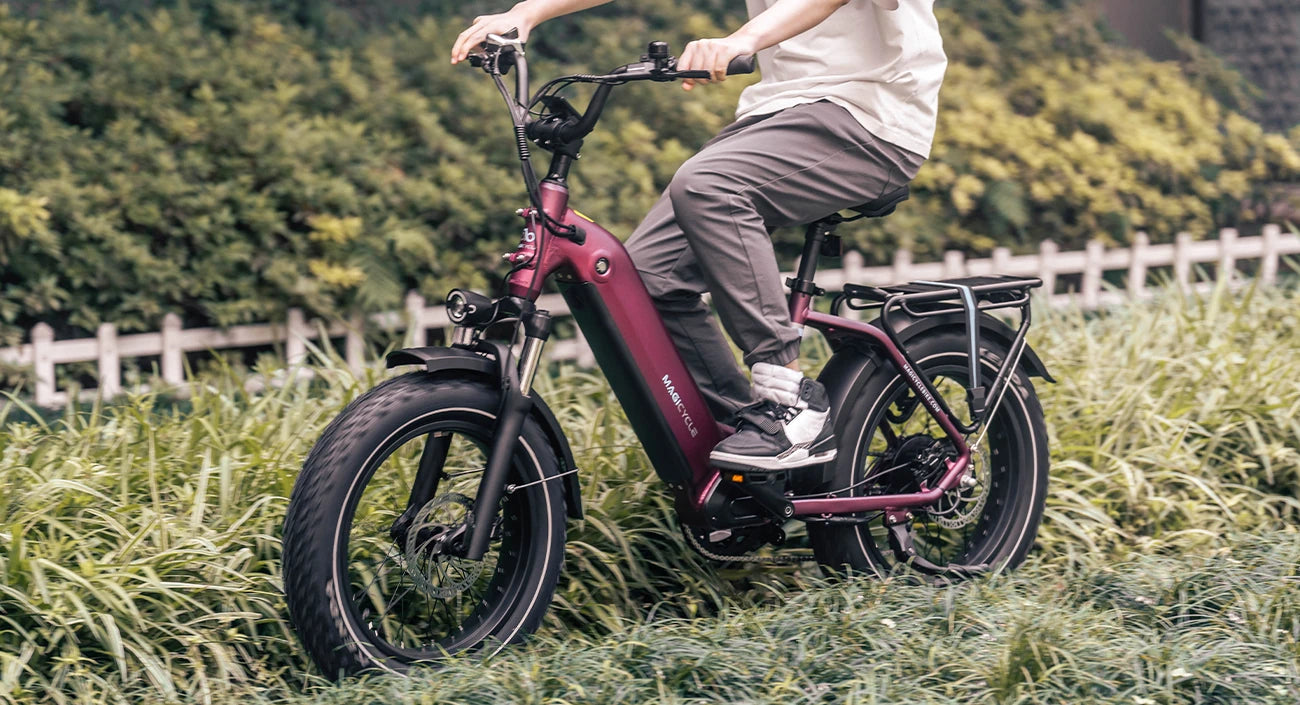 Person riding an electric bicycle through a grassy area with a wooden fence and green bushes in the background