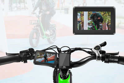 Rear view bike camera showing cyclist on electric bike in urban setting.