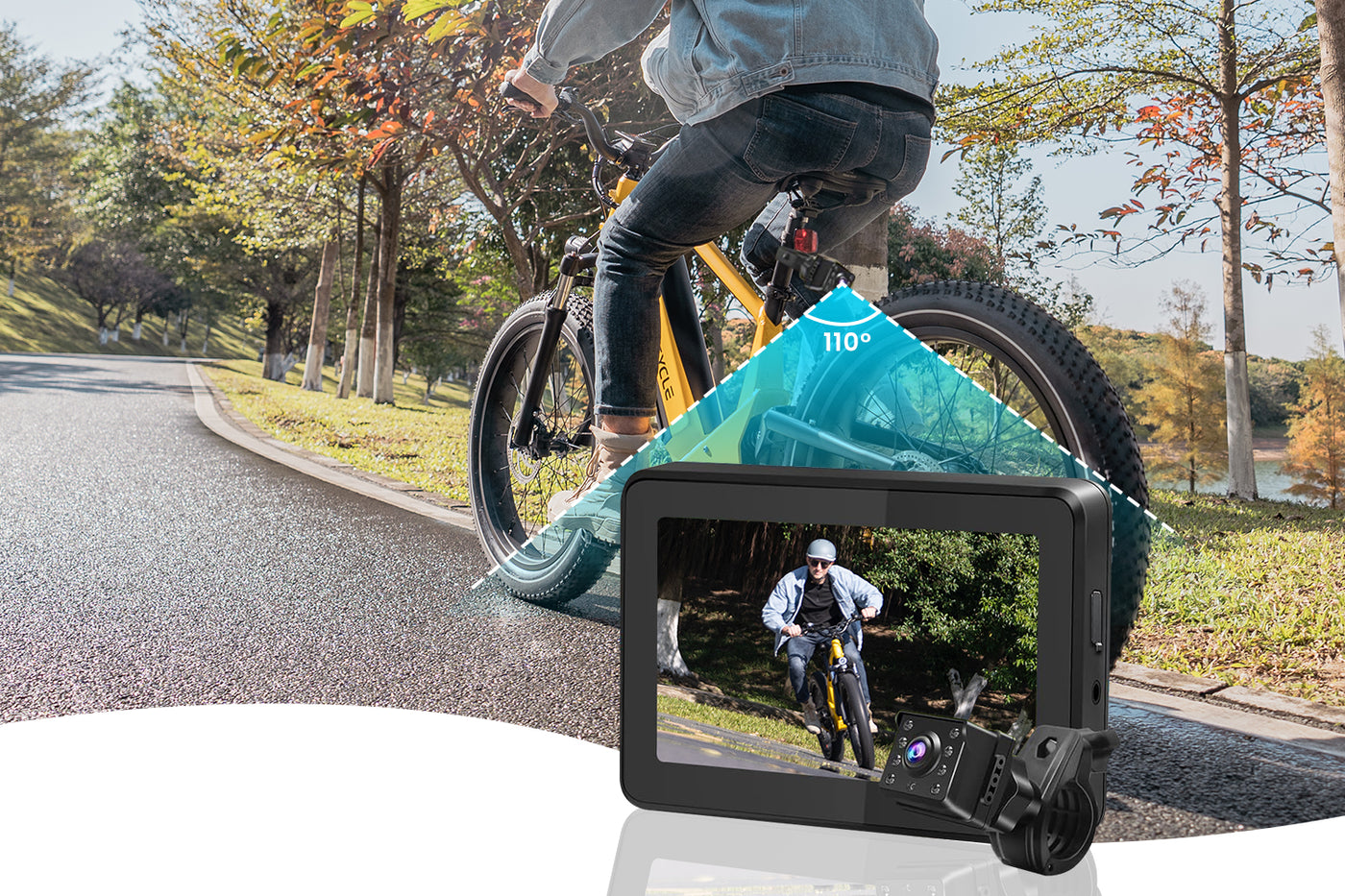 4.3-inch monitor displaying cyclist on yellow fat tire e-bike with rearview camera.