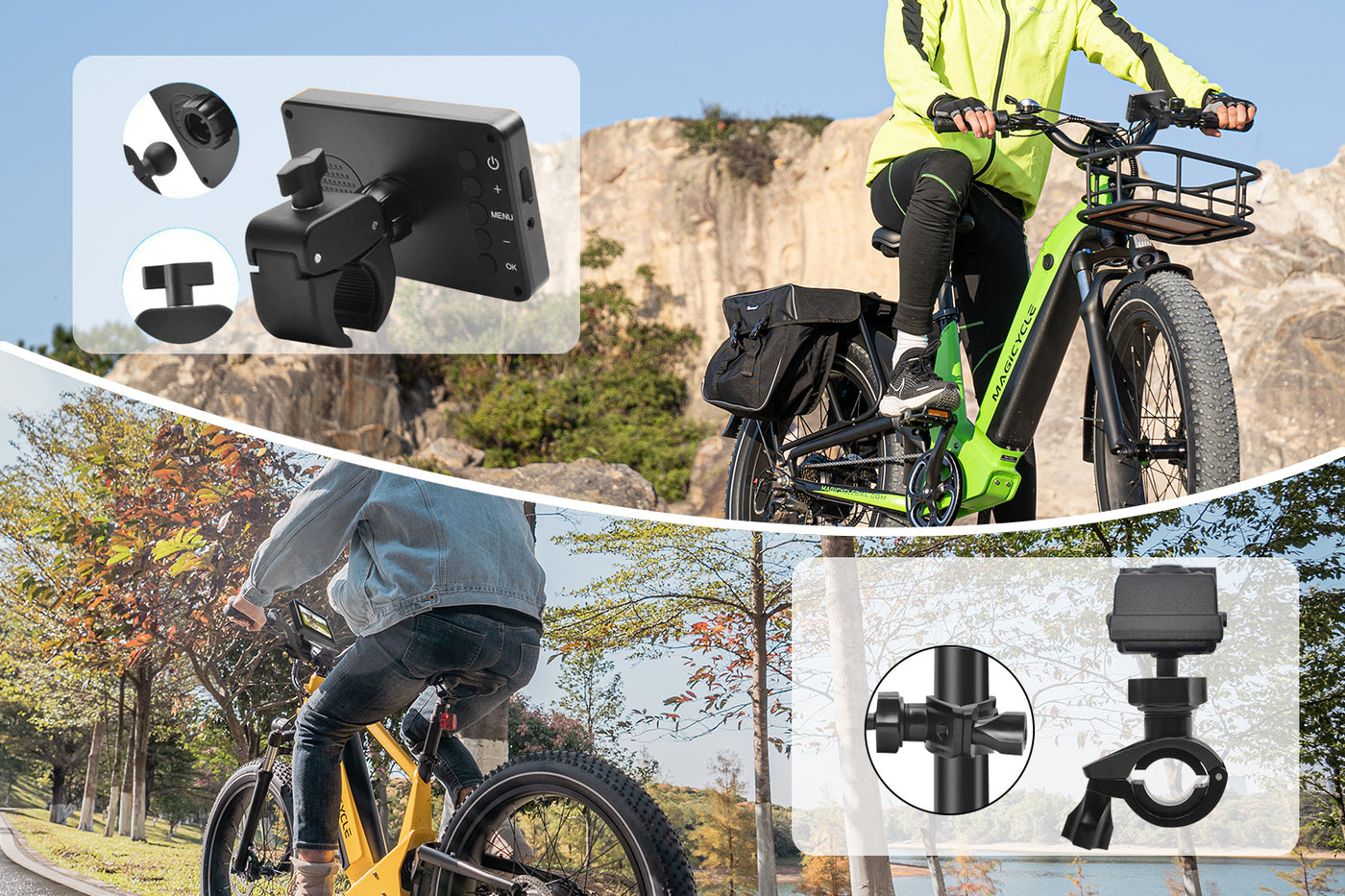 Cyclist on yellow fat tire ebike with 4.3-inch monitor showcasing rearview camera features.