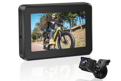 4.3-inch monitor displaying cyclist on yellow fat tire electric bike with rearview camera.