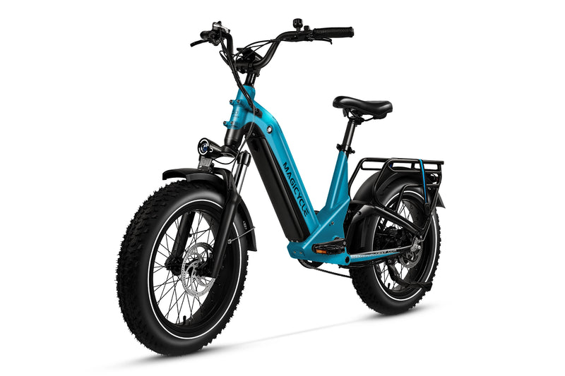 Blue Magicycle Deer 2.0 Step-Thru ebike with fat tires and full suspension from the side.