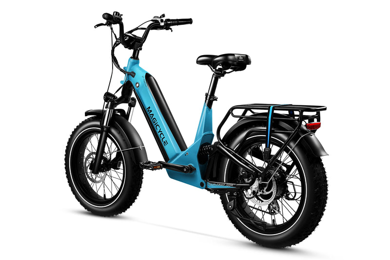 Blue Magicycle Deer 2.0 Step-Thru ebike with fat tires and full suspension at an angle.