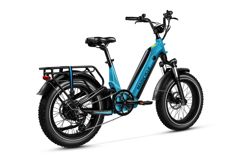 Magicycle Deer 2.0 Step-Thru ebike with fat tires and rear rack in vibrant blue.