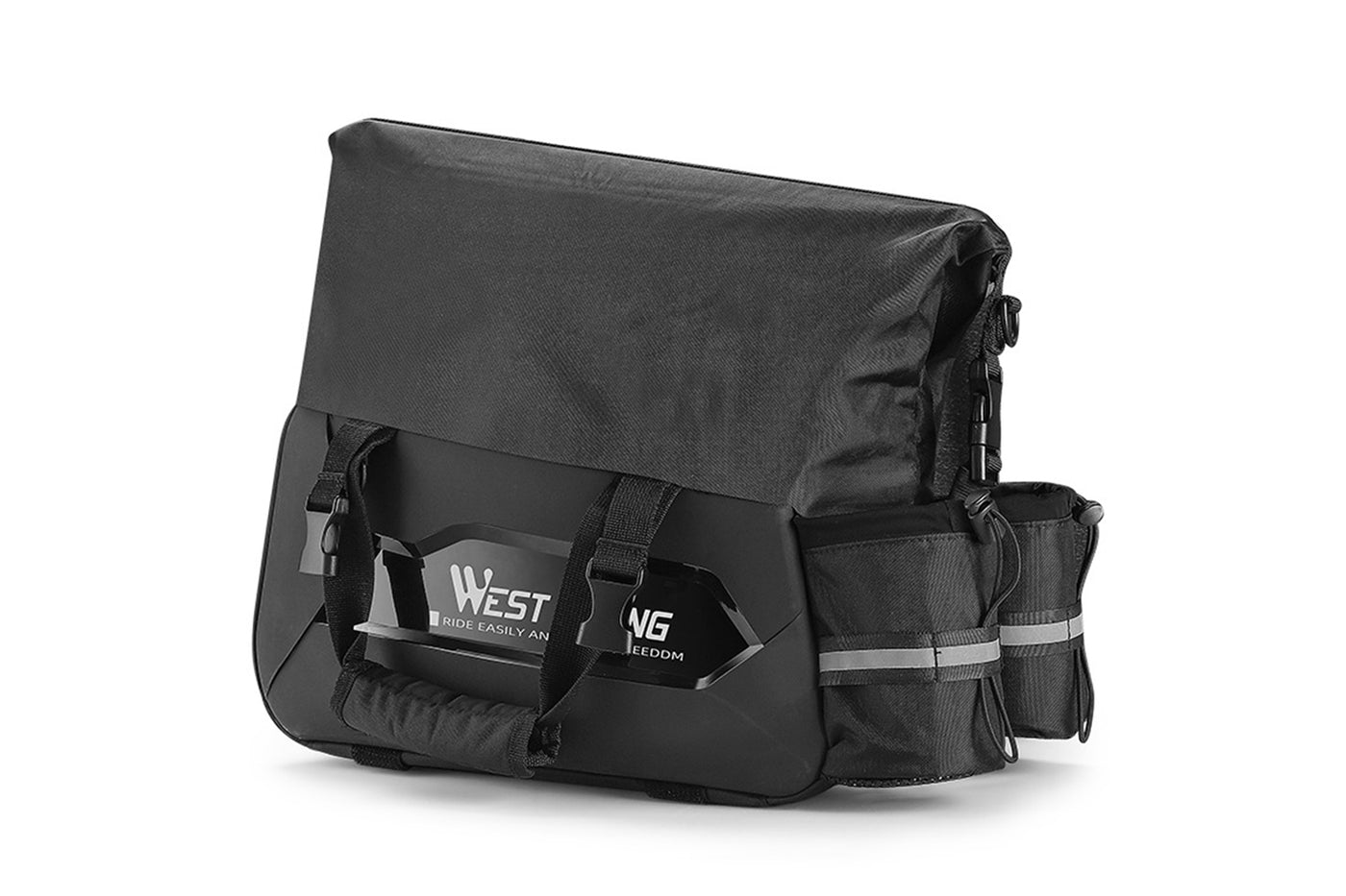 Sturdy black bike rack bag with reflective straps and side pockets for storage.