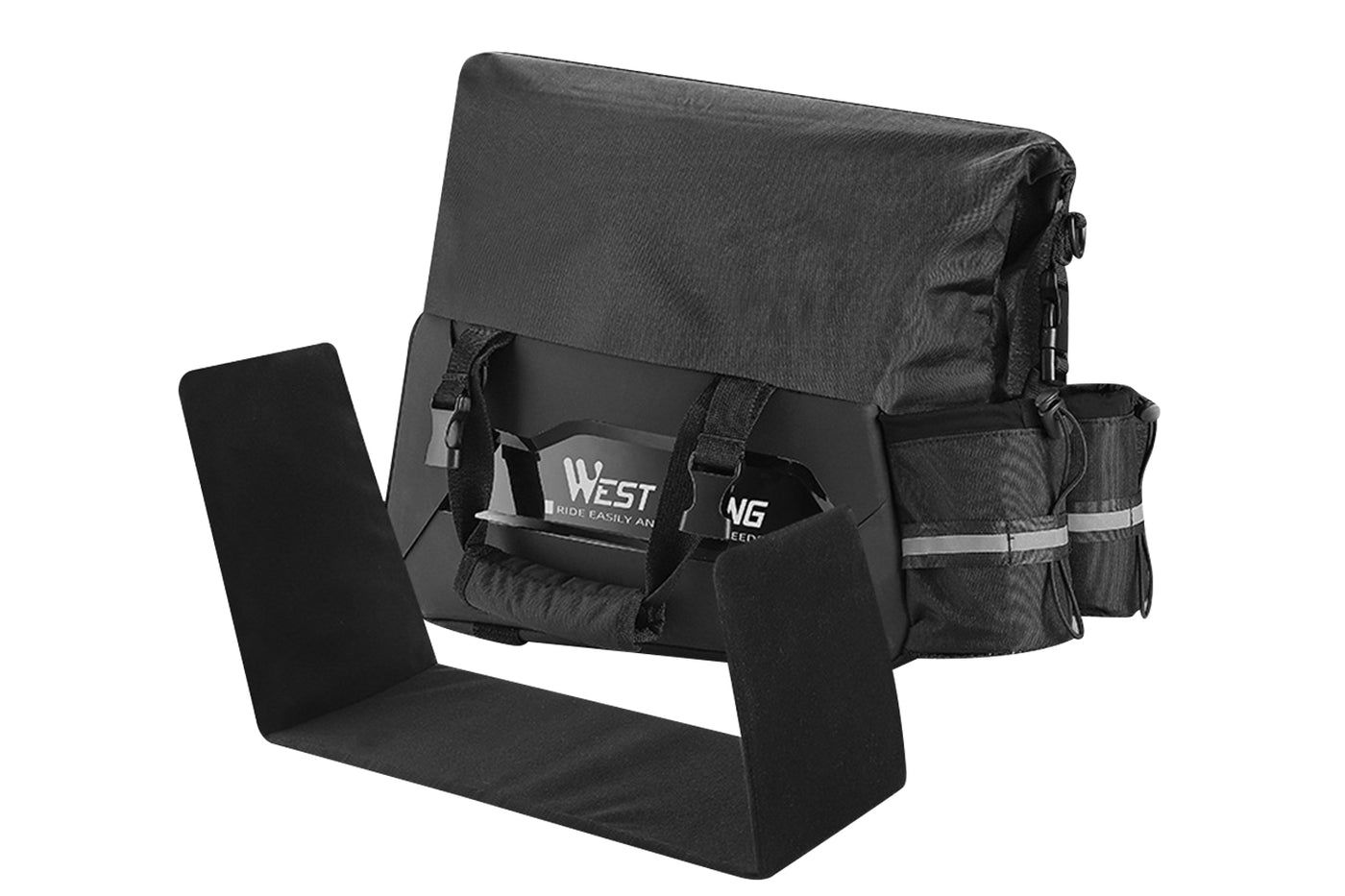 Durable black bike rack bag with a spacious design and adjustable straps