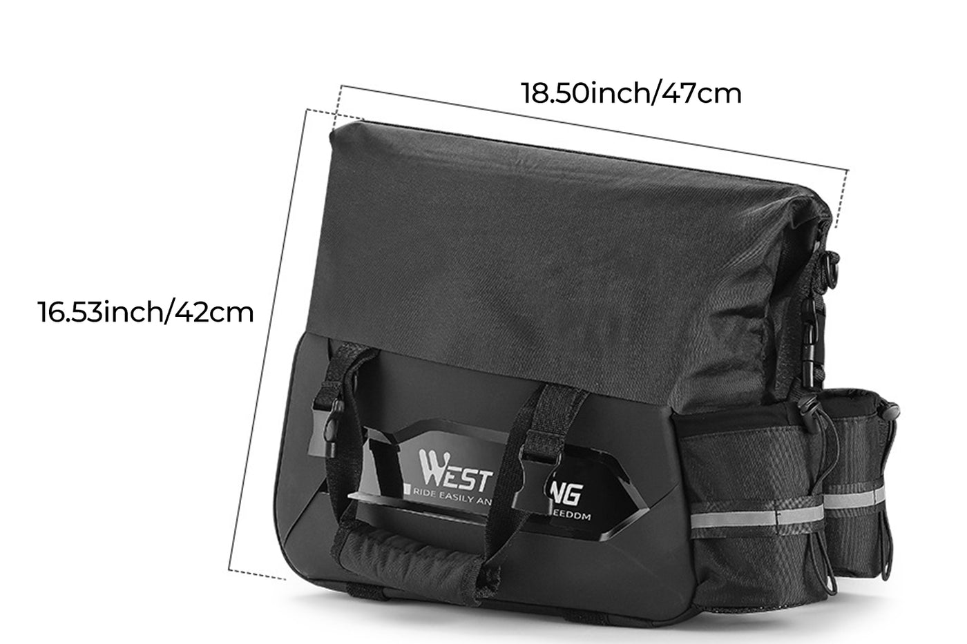 Black bike rack bag with dimensions 18.5x16.5 inches, side pockets, and reflective straps.