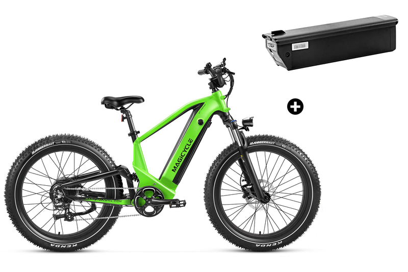 Green Magicycle fat tire e-bike with bonus 20Ah battery for lasting performance.