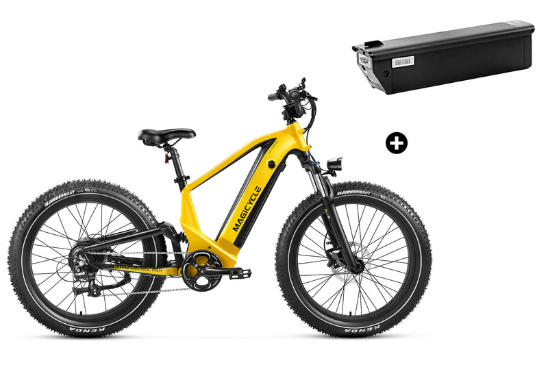 Yellow Magicycle fat tire e-bike with additional 20Ah battery for longer range.