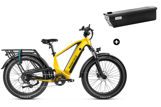 Green Magicycle fat tire e-bike with extra 20Ah battery for enhanced range.