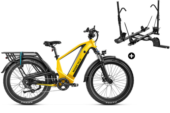 Magicycle Deer E-Bike and Hitch Bike Rack for adventure commuting.