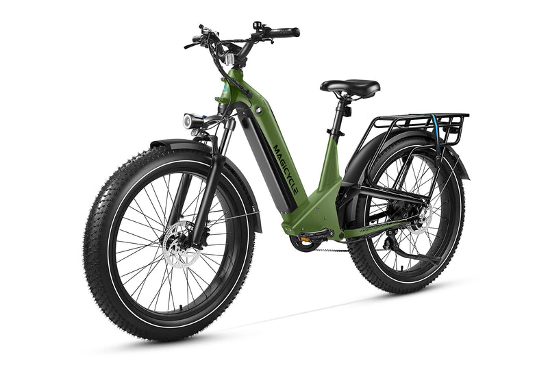 Green Magicycle Deer 2.0 Step-Thru ebike with fat tires and full suspension.