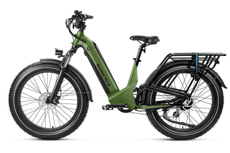 Green Magicycle Deer 2.0 Step-Thru ebike with fat tires and rear rack from the side.