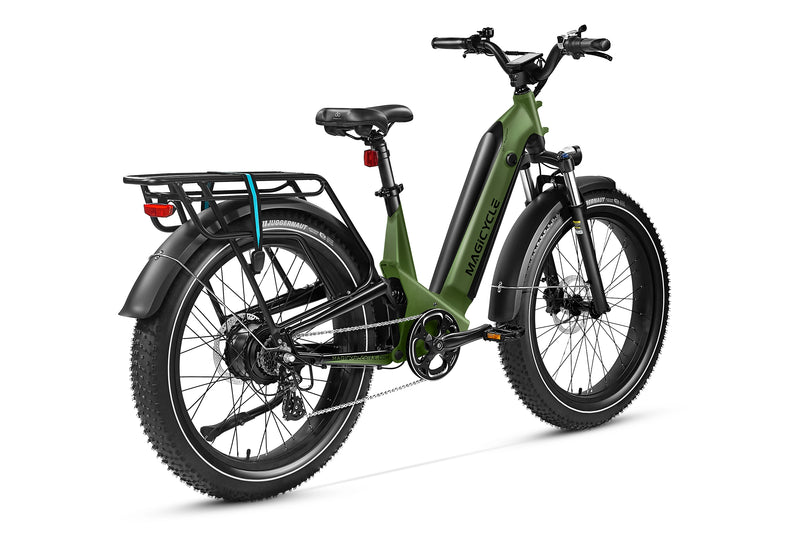 Green Magicycle Deer 2.0 Step-Thru ebike with fat tires and rear rack.