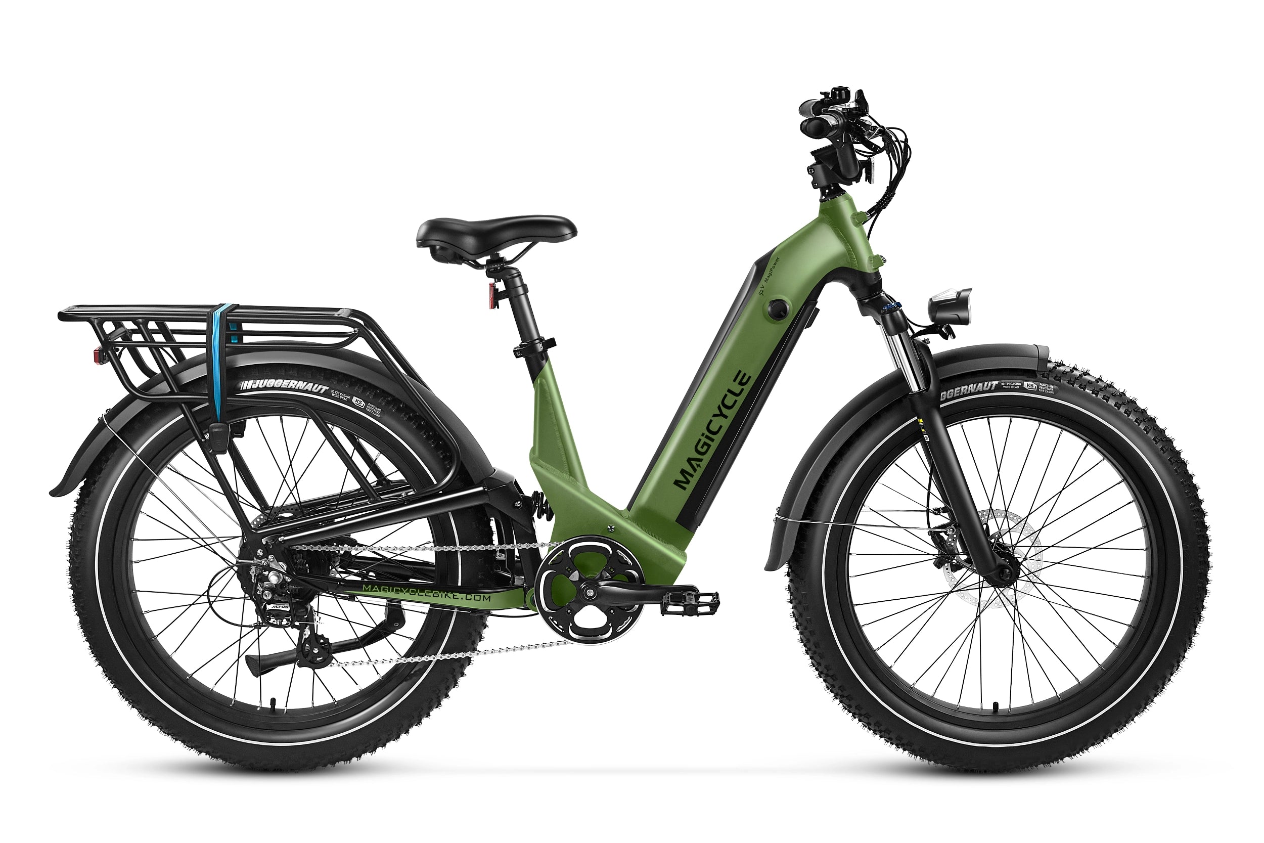 Green Magicycle Deer 2.0 Step-Thru ebike with fat tires and full suspension.