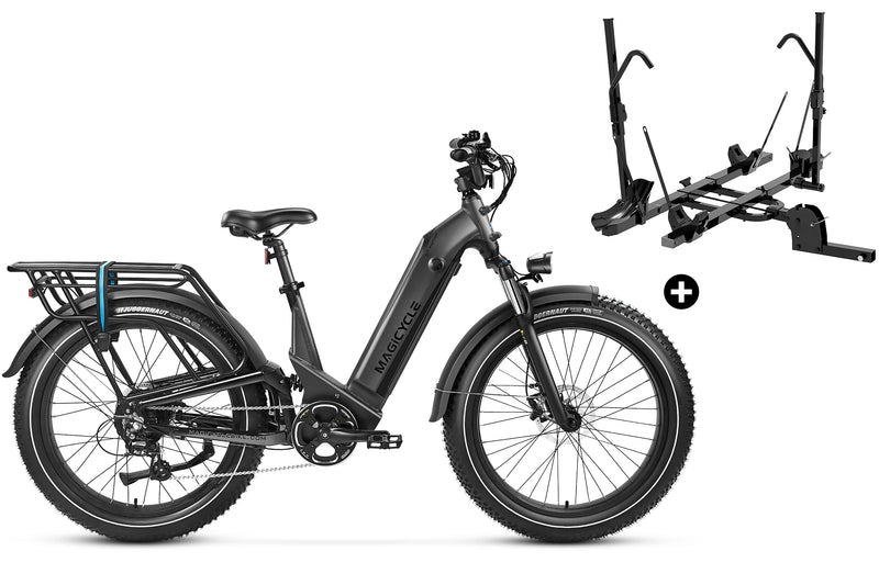 Black Magicycle Deer fat tire electric bike with cargo rack and bike accessories.