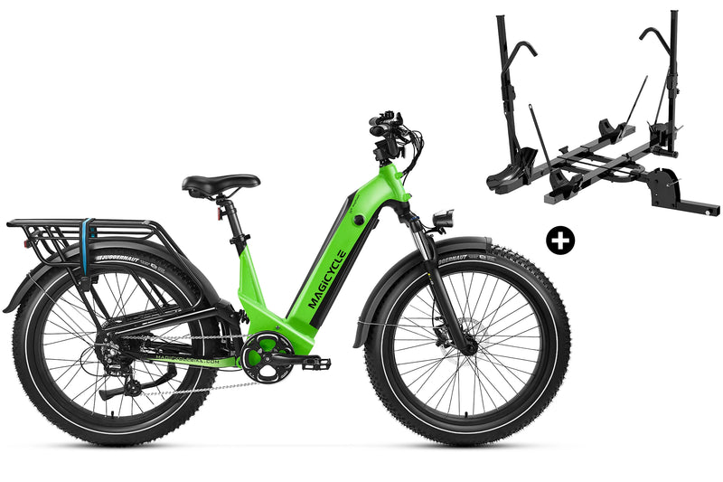 Magicycle Deer green fat tire ebike with rear rack and detachable bike mount for adventures.