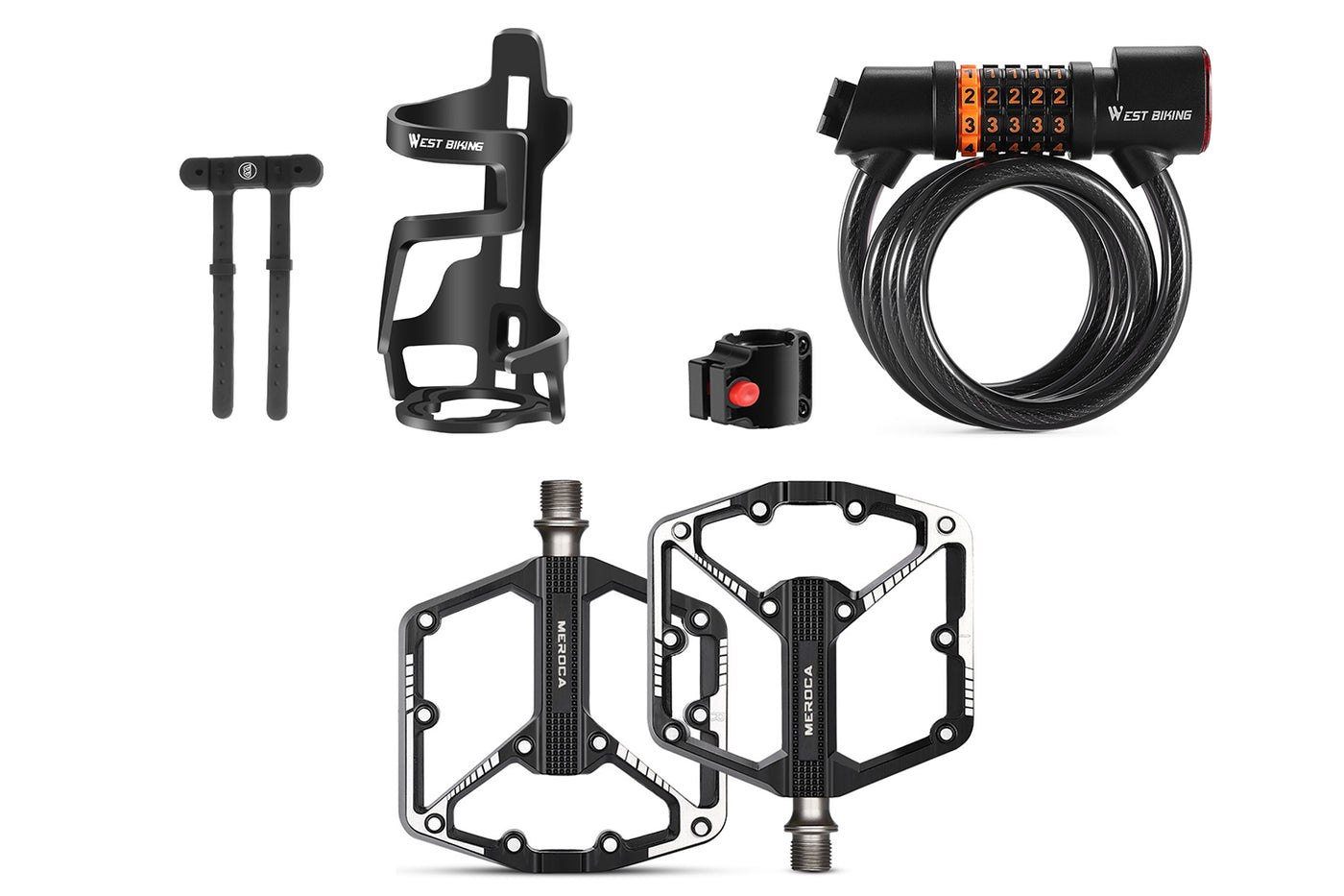 Biking accessories set: pedals, bottle cage, bike lock, and phone mount for e-bikes.