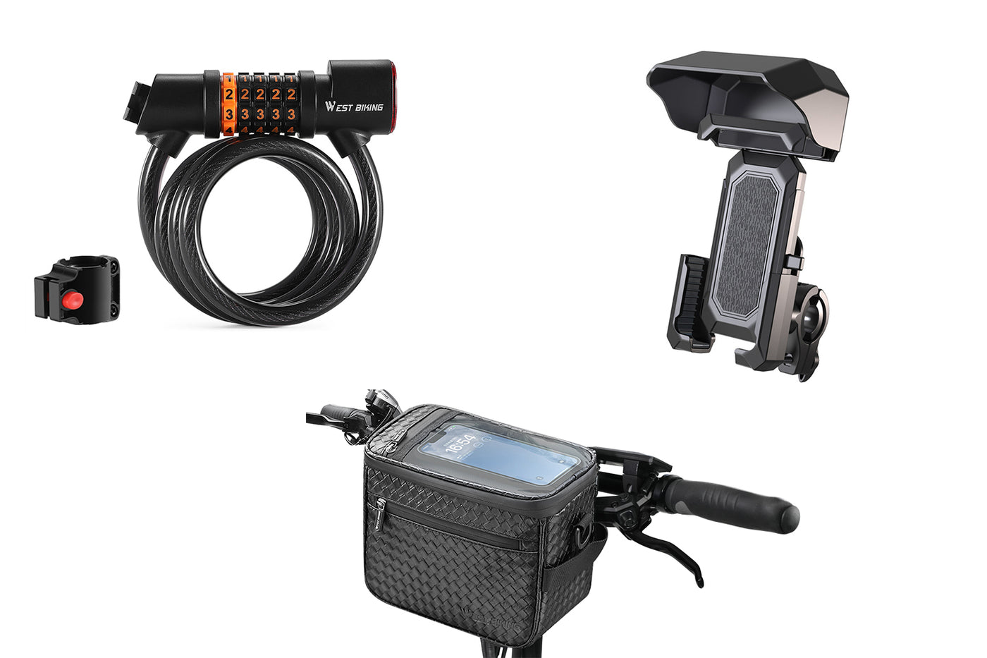 Bike phone mount, lock, and storage bag for safe city biking accessories.