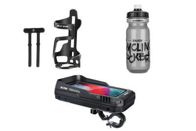 Water bottle, bottle cage, and phone mount for e-bikes