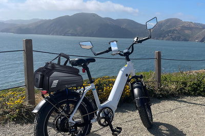 White fat tire electric bike parked by the ocean with scenic mountains and flowers.