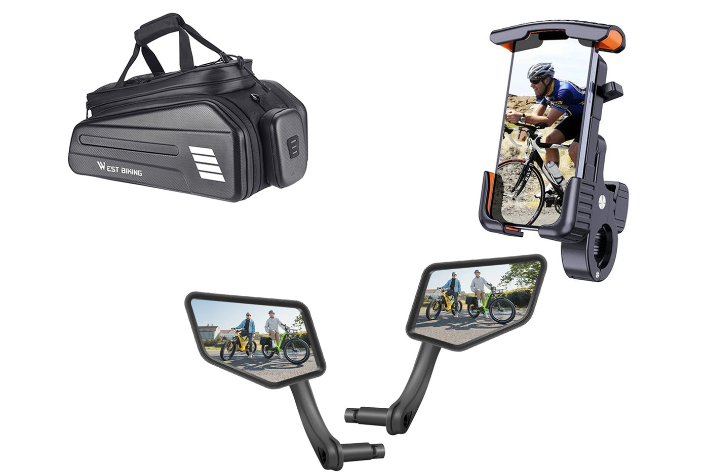 Electric bike accessories: bag, phone holder, and side mirrors for city biking.