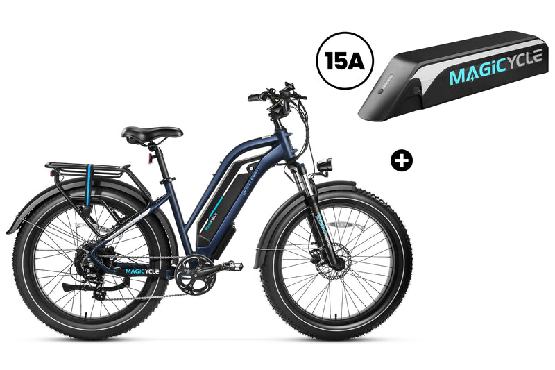 Magicycle Cruiser Pro E-Bike with 15A battery and fat tires for outdoor adventures.