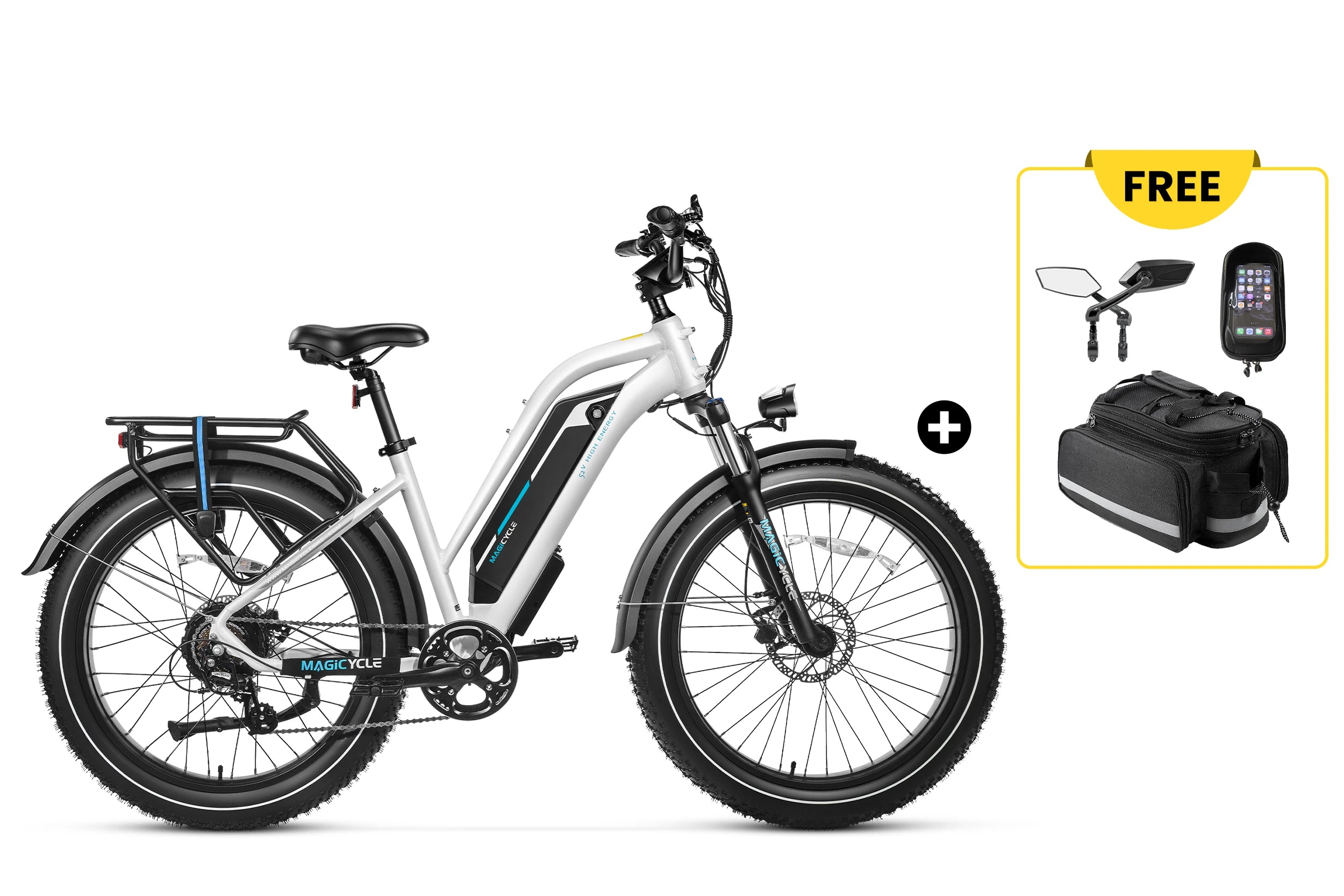 Magicycle 52V 20Ah Cruiser Pro Ebike in white with accessories, including mirror and bag.