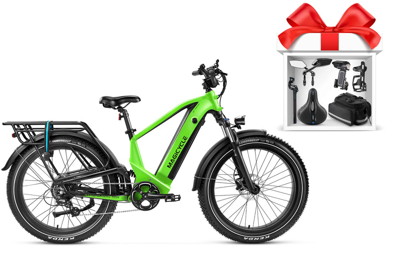 Magicycle Deer Step-Over green ebike with fat tires, rear rack, and accessories for outdoor rides.