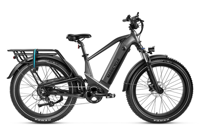 Magicycle Deer black full suspension ebike with rear rack and fat tires for outdoor adventures.