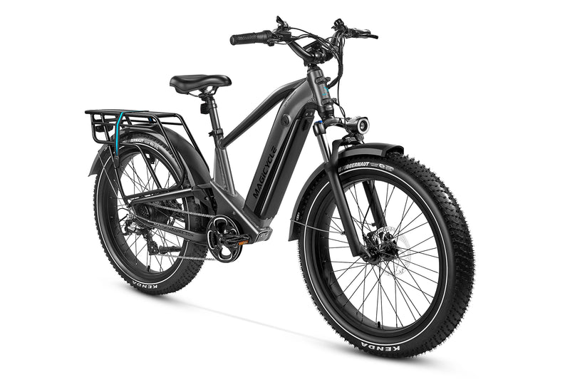 Magicycle Deer full suspension black ebike with fat tires for outdoor adventures.