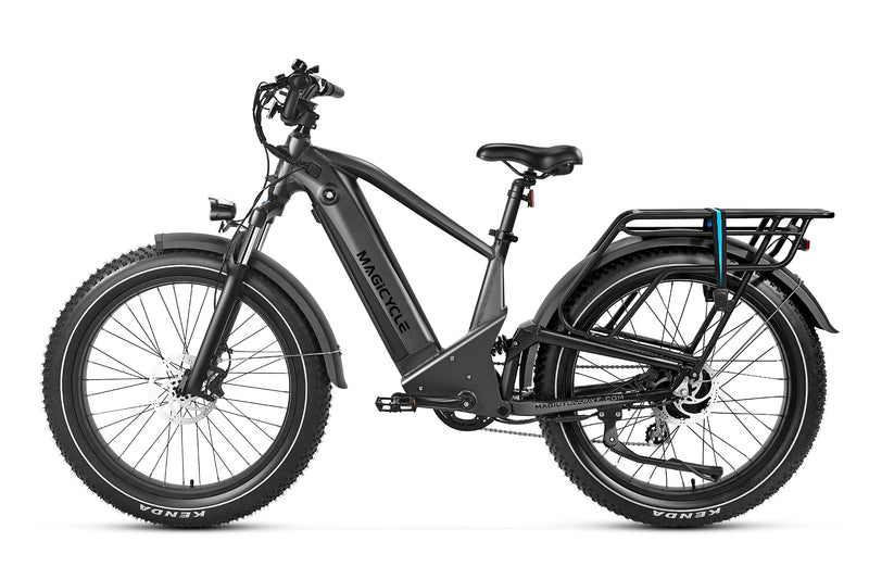 Magicycle Deer black full suspension ebike with fat tires and rear rack