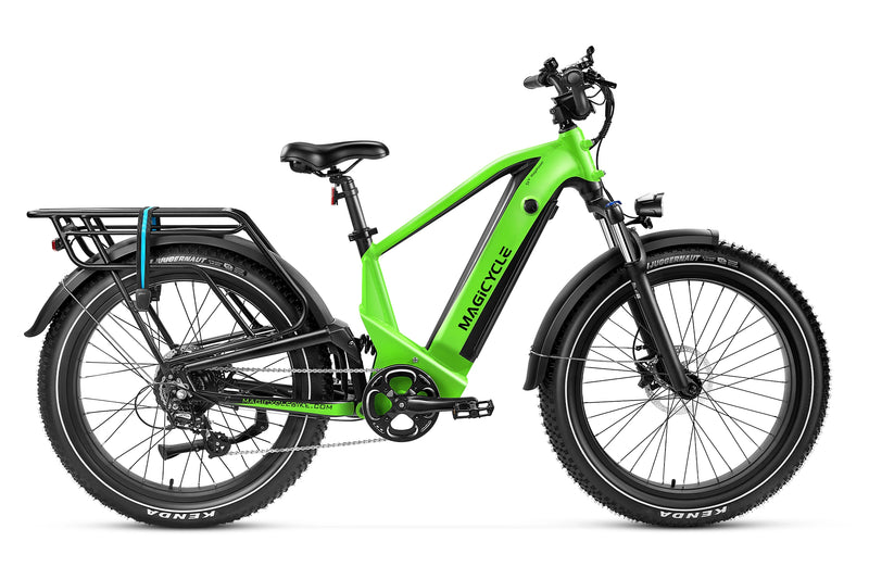 Magicycle Deer green full suspension ebike with fat tires and rear rack for outdoor use.