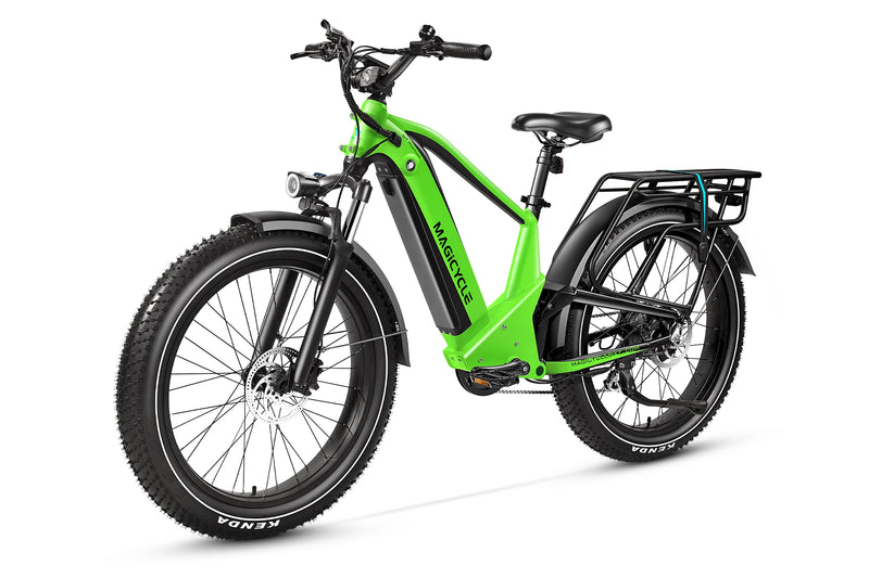 Green Magicycle Deer Step-Over ebike with fat tires and rear rack for outdoor riding.