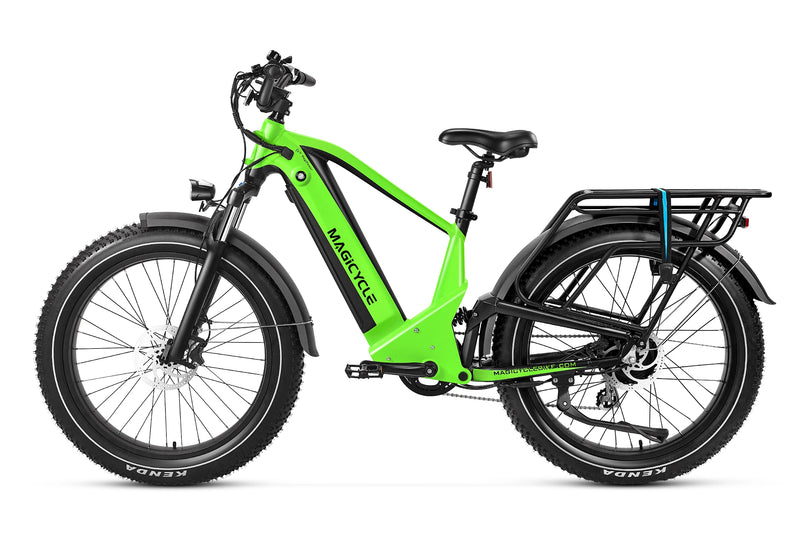 Green Magicycle Deer Step-Over ebike with fat tires and rear rack for outdoor adventures.