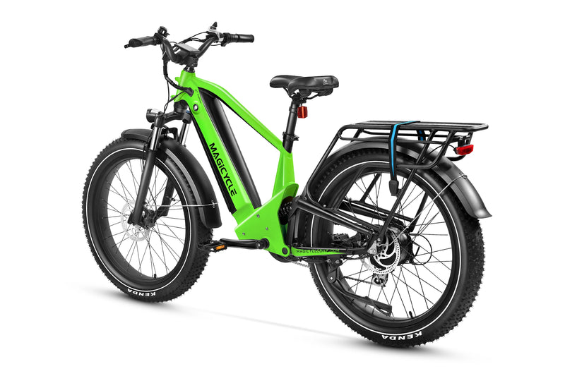 Magicycle Deer green full suspension ebike with fat tires and rear rack for adventures.