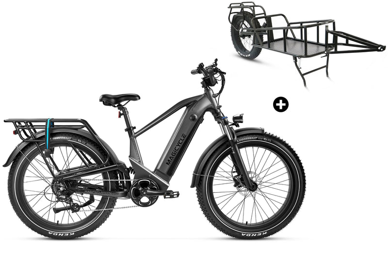 Magicycle Deer black full suspension ebike with rear rack and detachable trailer.