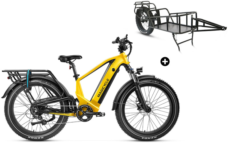 Yellow Magicycle Deer Step-Over ebike with rear rack and detachable trailer for adventure.