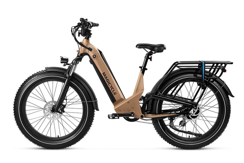 Beige Magicycle Deer 2.0 Step-Thru ebike with fat tires and rear rack from the side.