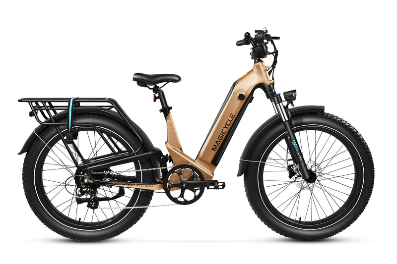 Gold Magicycle Deer 2.0 Step-Thru ebike with fat tires and full suspension.