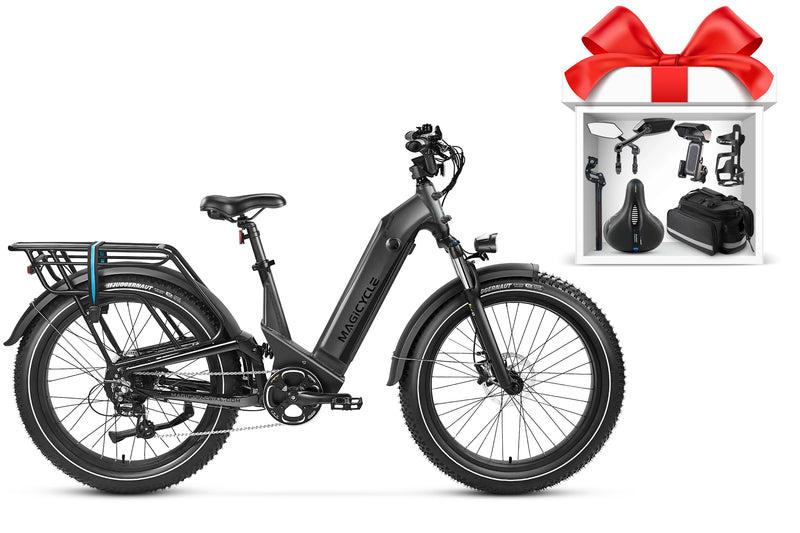 Magicycle Deer black fat tire ebike with rear rack and included accessories for adventures.