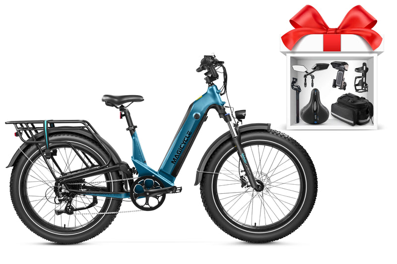 Teal Magicycle Deer step-thru ebike with fat tires, rear rack, and included accessories.