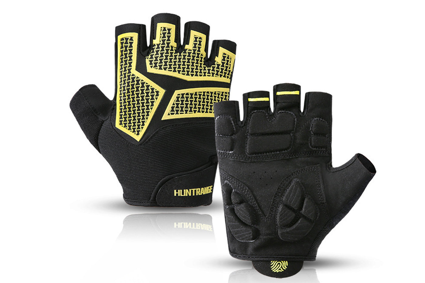 Black half-finger cycling gloves with yellow accents and textured grip palms