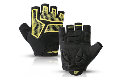 Black half-finger cycling gloves with yellow accents and textured grip palms