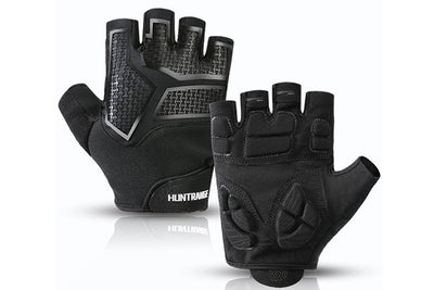 Half-finger cycling gloves with textured grip and reinforced padding for comfort.