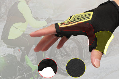 Half-finger cycling gloves with yellow details and textured grip, ideal for biking.