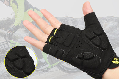 Black half-finger cycling gloves with yellow highlights and padded grip.