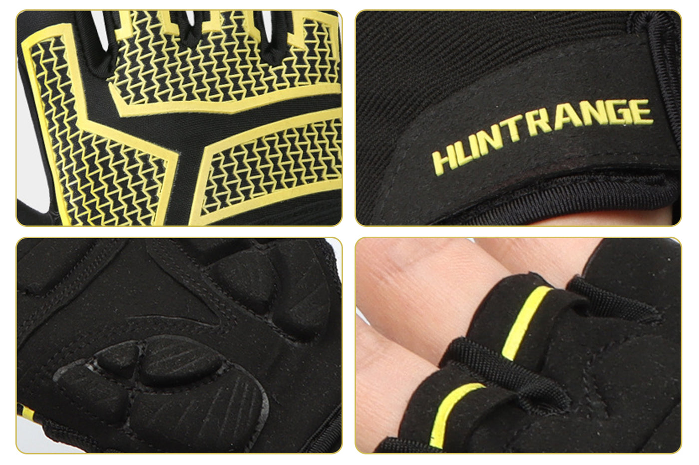 Black half-finger cycling gloves with yellow accents and textured grip for biking.