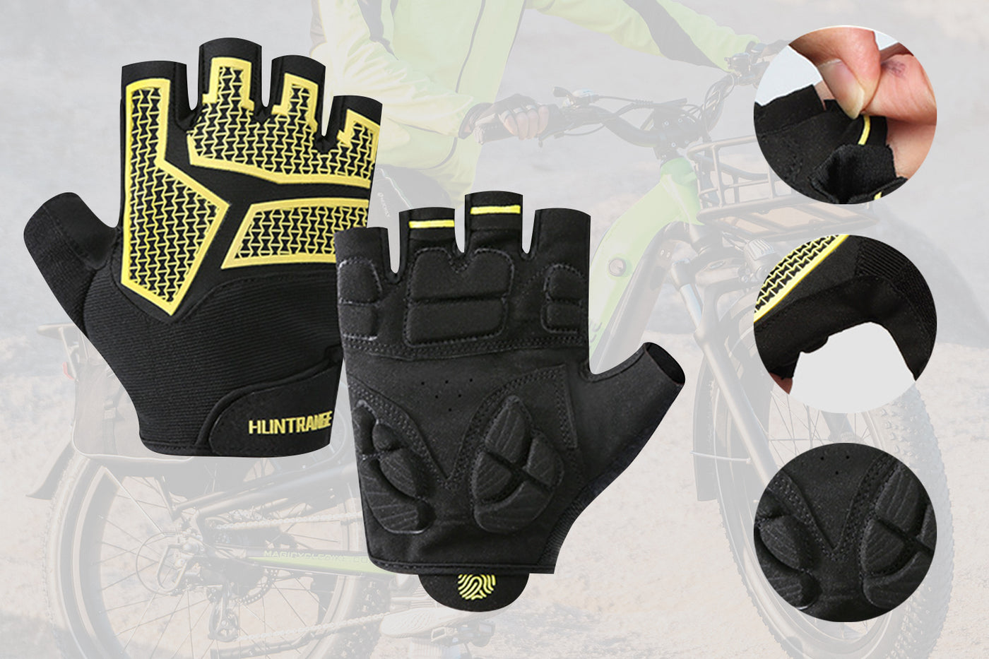 Black half-finger cycling gloves with yellow mesh, ideal for biking and grip protection.