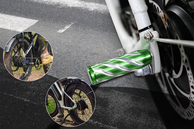 Green non-slip aluminum foot peg on electric bike for passenger support